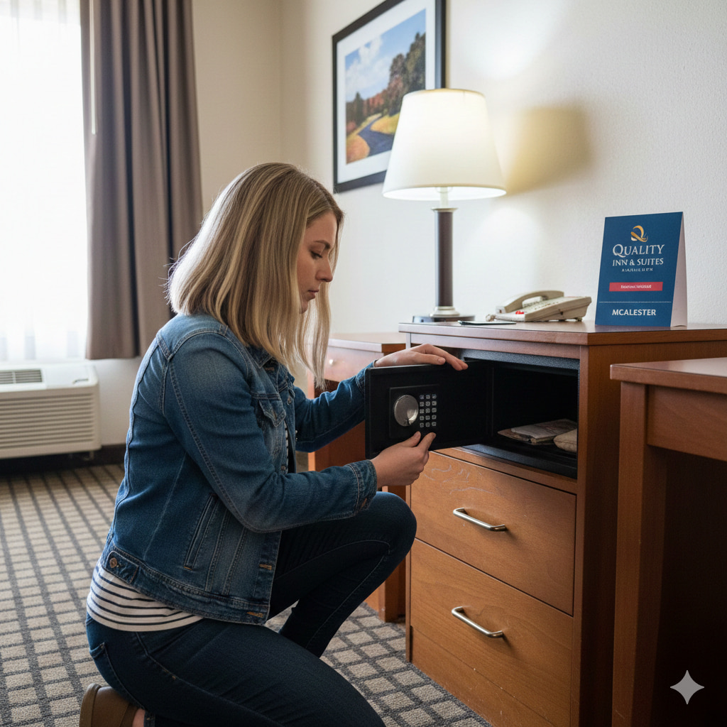 Guest using in-room safe at Quality Inn & Suites McAlester on Hwy 69